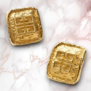 Vintage Givenchy France Brutalist Earrings, Designer, 4G Logo, Clip-on, 1980's